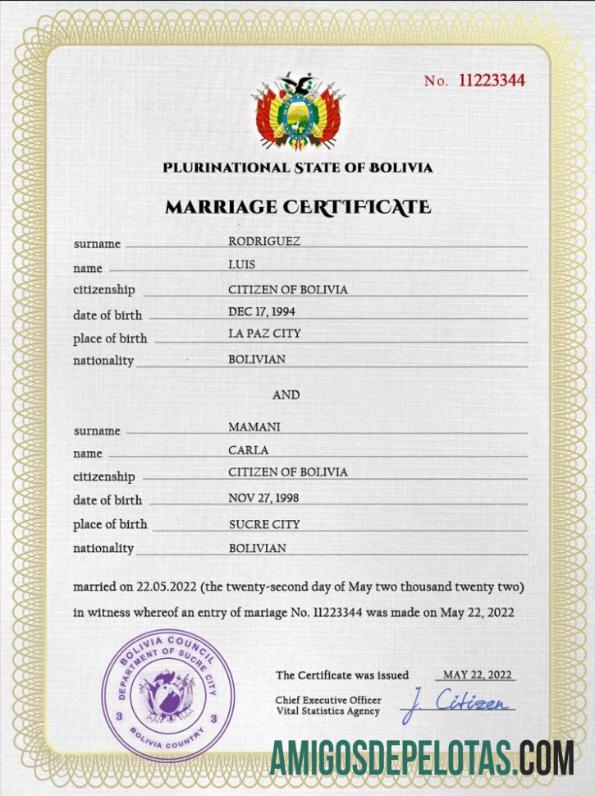 Certidão de Casamento na Bolívia amostra
